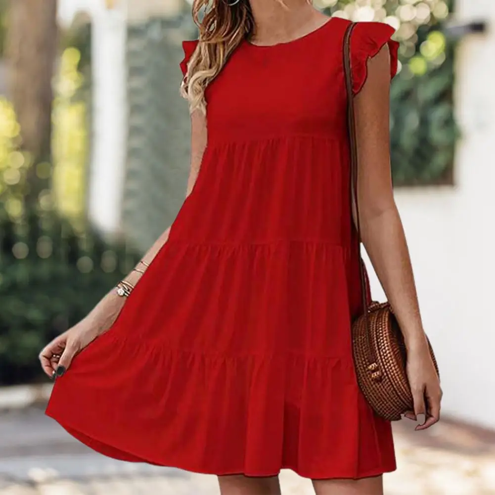 

Women Elegant Ruffle Mini Dress Casual Solid O Neck Beach Party Sundress Simple Chic Loose Short Dress Vintage Harajuku vestido