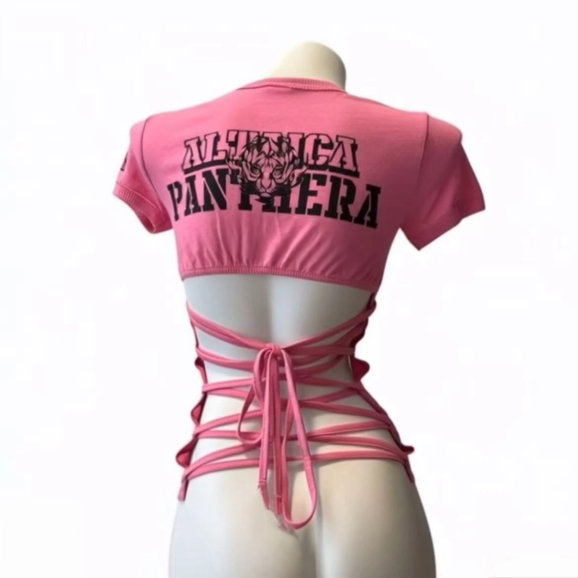 Pink Tiger Flame Graphic Print Crop Top Short Sleeve Open Back Lace Up Tie Slim Fit Letter Graphic Sexy Summer Casual U Neck Tee