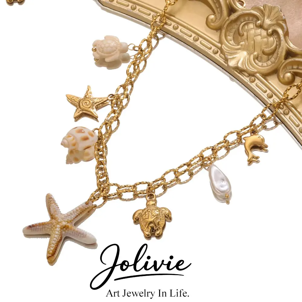 

Jolivie Stainless Steel Necklace Starfish Choker Beach Ocean Conch Turtle Necklace For Women Handmade Vacation Party Jewelry