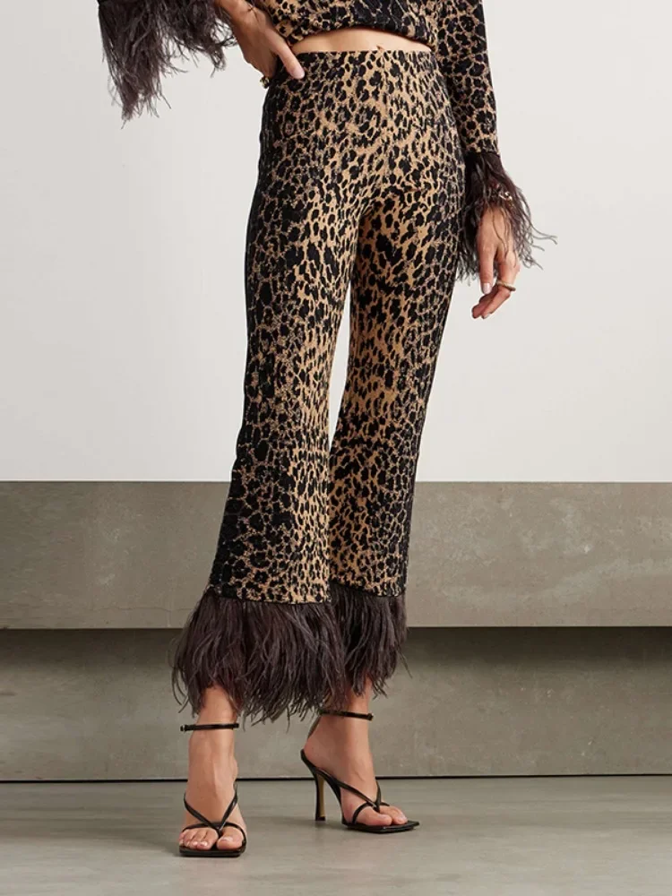 Missuoo 2024 Autumn New Leopard Printed Feathers Suits Round Neck Long Sleeve Tops High Waist Straight Pants Elegant Pant Sets