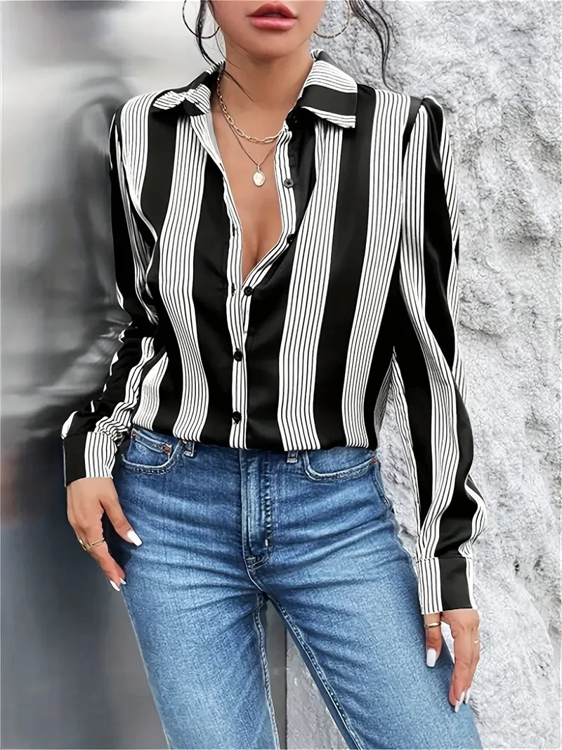 Elegant Women\'s Shirts & Blouses,Black Striped Print Simple Shirt,2024 Spring & Summer Plus Size Female Clothing Blouse Tops