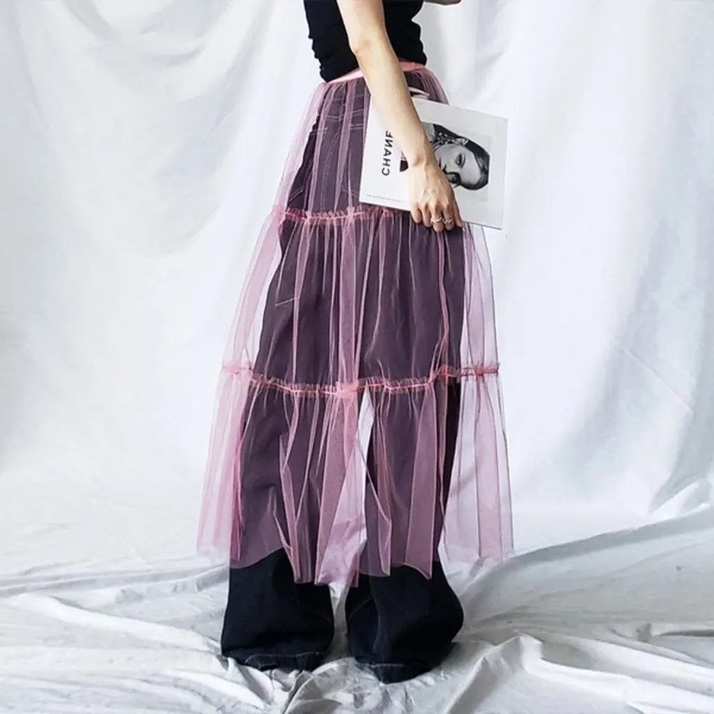 

Spring Japanese Style Half-Length Apron Elastic Waist Outer Cover Mesh A-Line Skirt Women's Fashion Outerwear