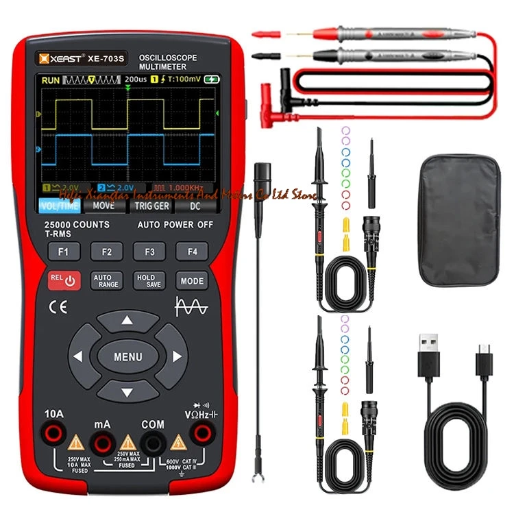 XEAST XE-703S Multi-function Oscilloscope 2 Channels 50MHz 280MS Sampling Rate 3 in 1 Signal Generator Oscilloscope Multimeter