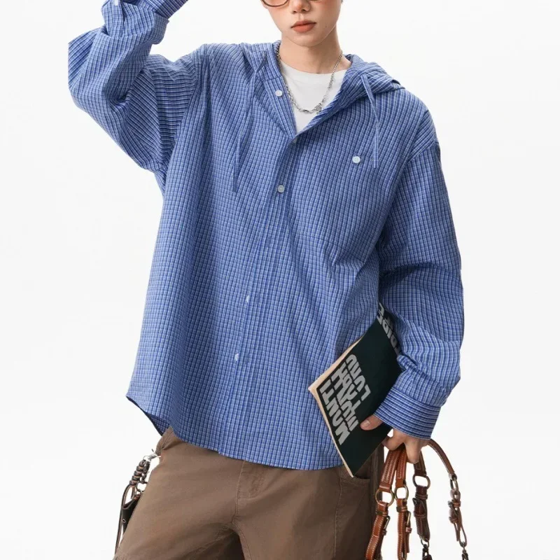 

Oversize Hooded Blouse Jacket Harajuku Men Women Couples Blue Plaid Long Sleeve Shirt Button Up Outerwear Hip Hop Casual Coats