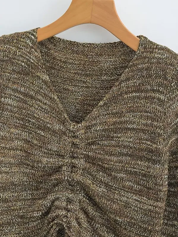 

Faionable Vintage Women's Long Sve Knitted Top Pleated Thin Mixed Color UWH932002 Commute Sle V-ne Full-length Sve
