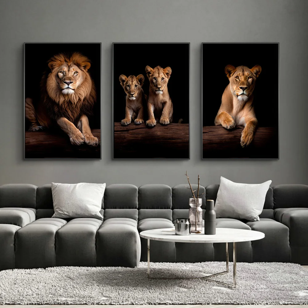 Leão Família no Escuro Canvas Art Posters e Impressões, Animais Africanos Pinturas, Wall Art, Pictures for Living Room Decor