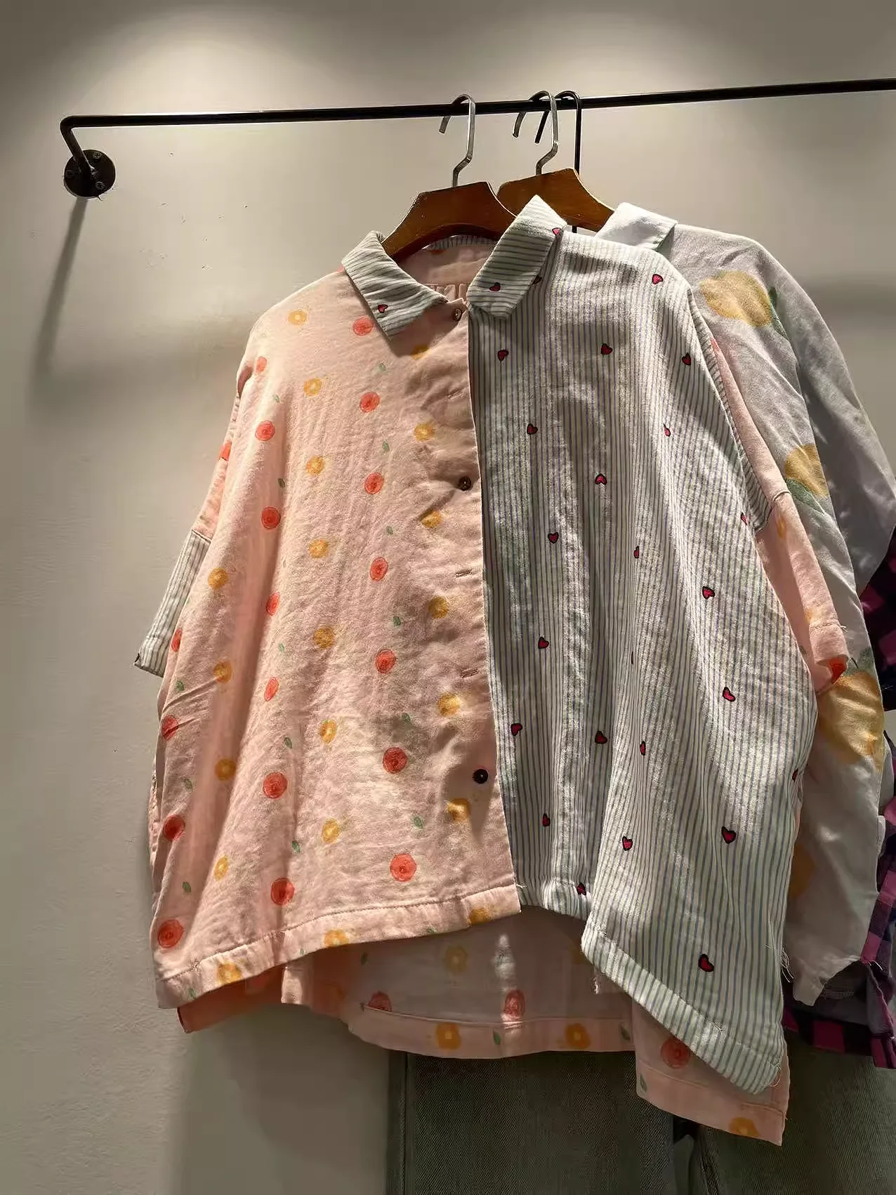 

Bust 138cm oversized shirts and blouses for women Japan style sweet striped patchwork shirts cotton large size tops