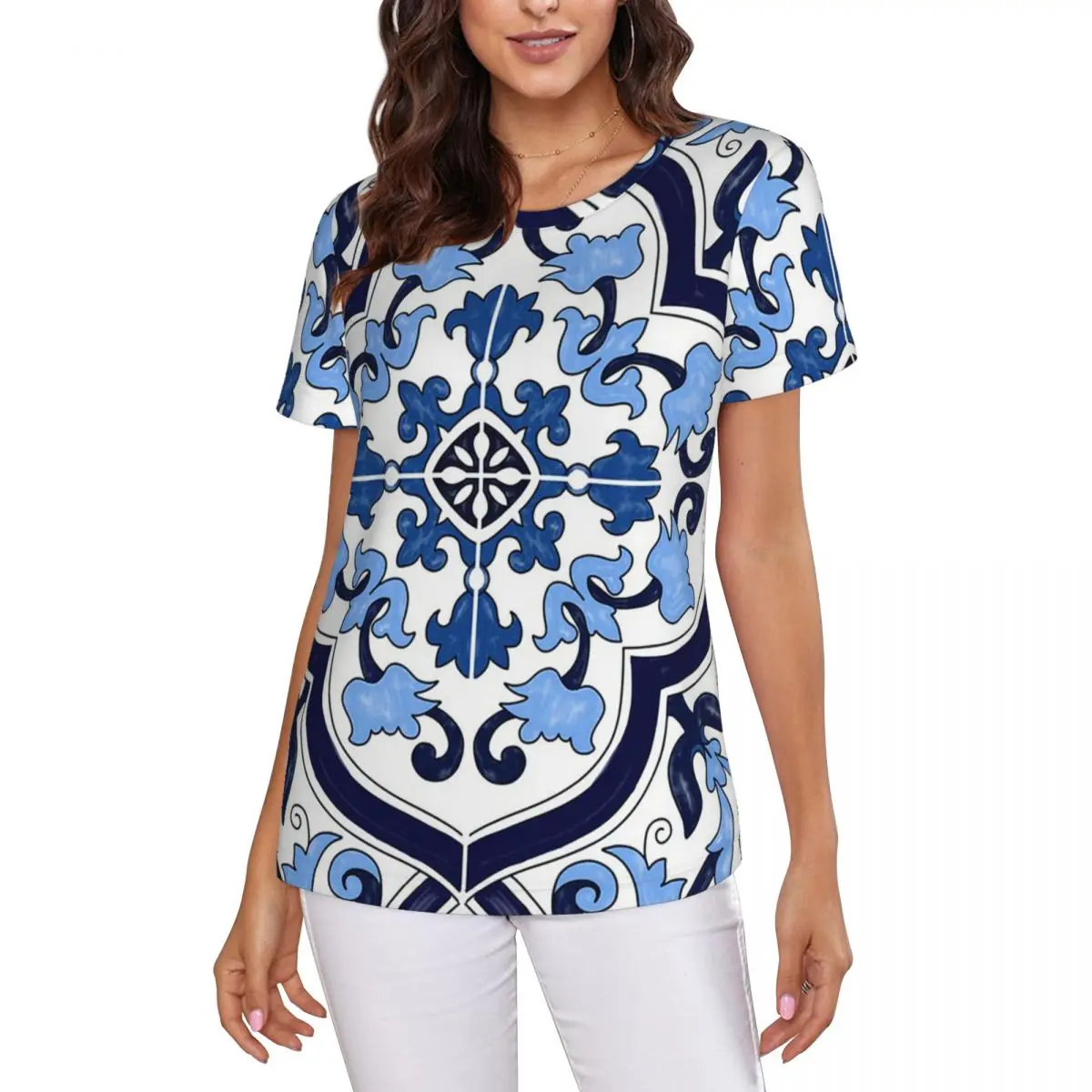 Blue Ornate Floral Mediterranean Sicilian Tile T-Shirt Women Short Sleeve T Shirts O-Neck Clothes Cotton Summer Tees Streetwear