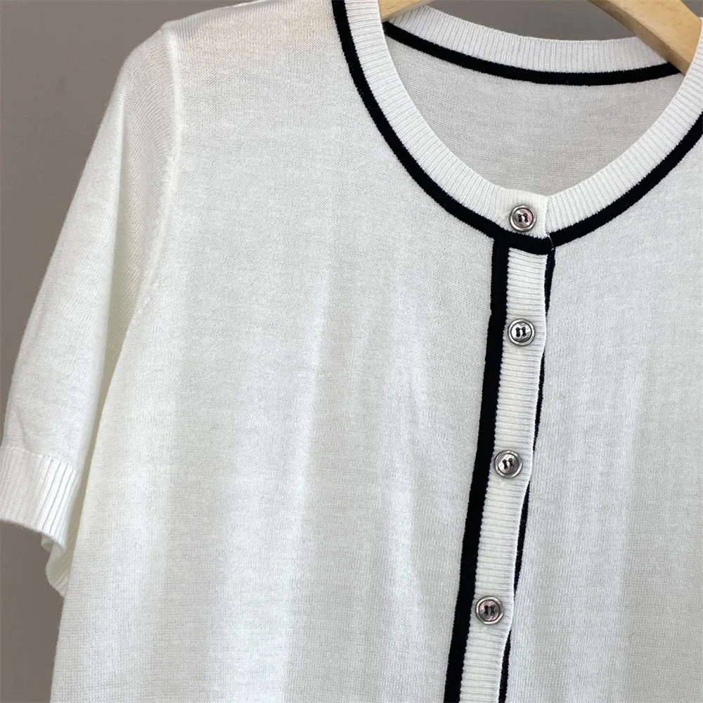 26 Summer Contrast Color Round Neck Knitted Short-Sleeved Top Fashionable Versatile Women Clothing