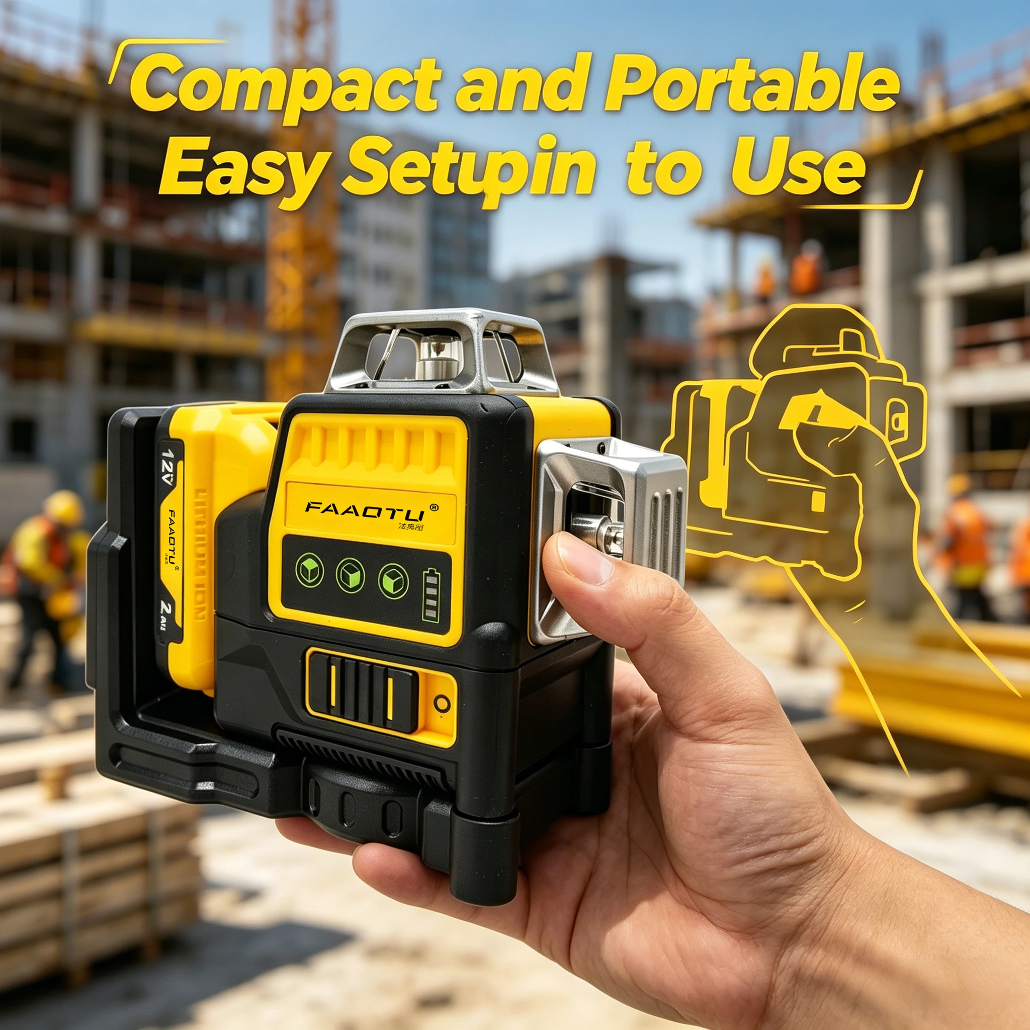 FAAOTU 089LG Professional 3-Sided 12-Line 360° Laser Level 12V DW Battery Compatible Green Laser Tool for Outdoor Use