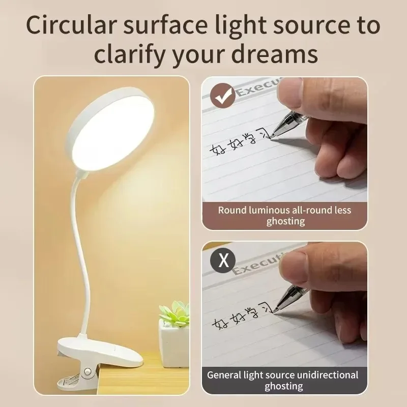 Lámpara de Mesa LED Recargable por USB, Lámpara de Noche con Abrazadera Plegable, Lámpara de Lectura con Soporte de Estudio, Táctil, 3 Modos de Atenuación, Luz de Protección Ocular