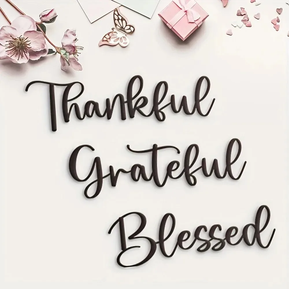 3Pcs Black Thankful Grateful Blessed Metal Wall Art, Rustproof Aluminum Inspirational Sign, Positive Home Decor