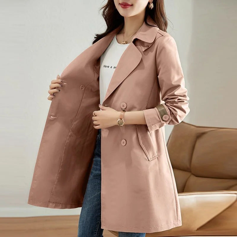 Double Breasted Windbreaker Women's Spring and Autumn 2024 New Fashion Popular Long Popular Coat Female Suit Collar Coat Pink