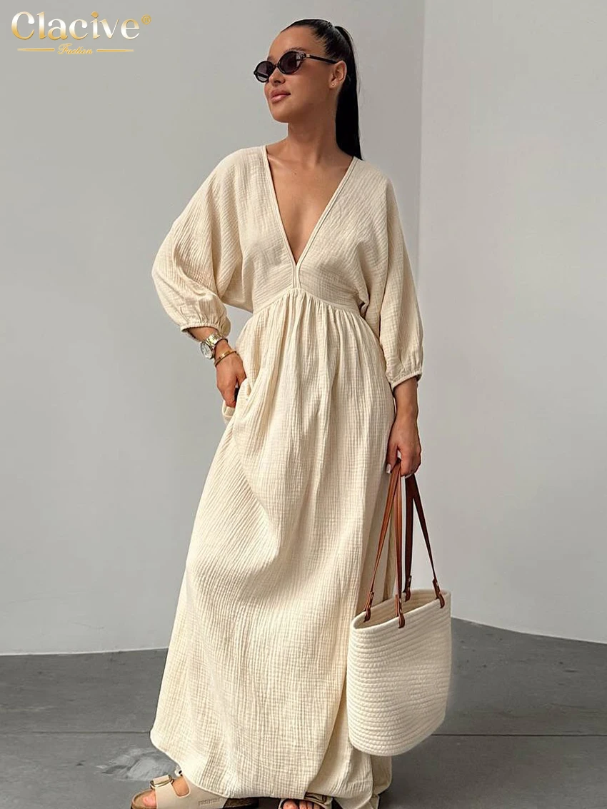 

Clacive Sexy Loose Khaki Cotton Women's Dress 2025 Fashion V-Neck Long Sleeve Maxi Dresses Elegant Classic Solid Female Dress
