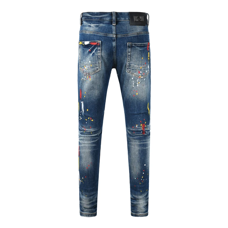 Men's Slim Fit Ripped Jeans, Dark Blue Washed Distressed Denim Pants, Color Splash Paint Print Patchwork Streetwear Casual Long