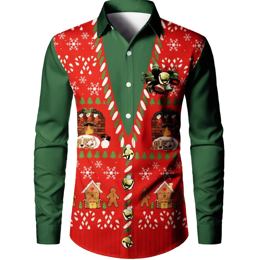 Men Stylish Long Sleeve Button‑Up Shirt Novelty Christmas Ornament All‑Over Print Holiday Celebration Wear Top