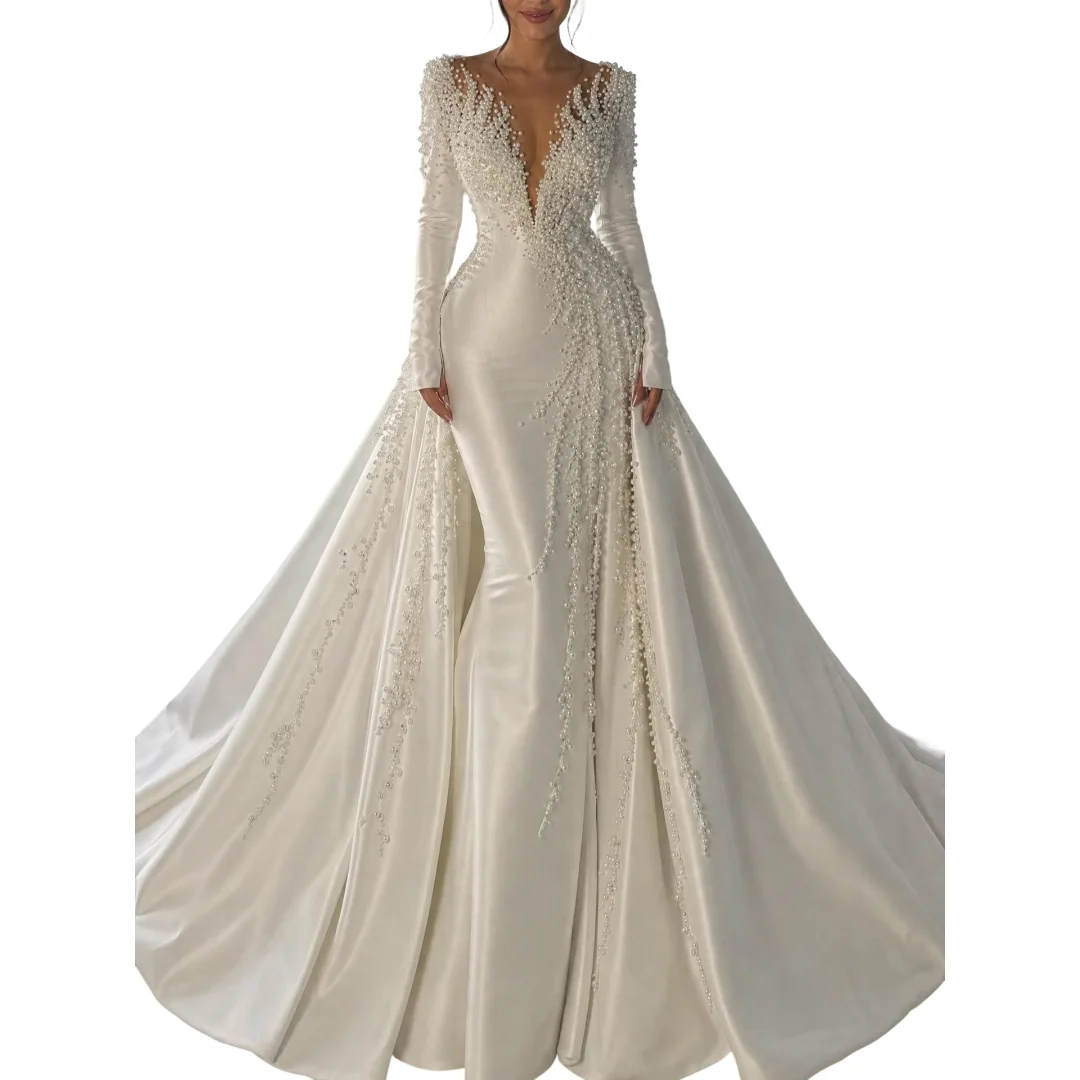 Luxury Mermaid Wedding Dresses Sexy V Neck Long Sleeves Appliques Lace Bridal Gowns Detachable Train Customized Wedding Dress