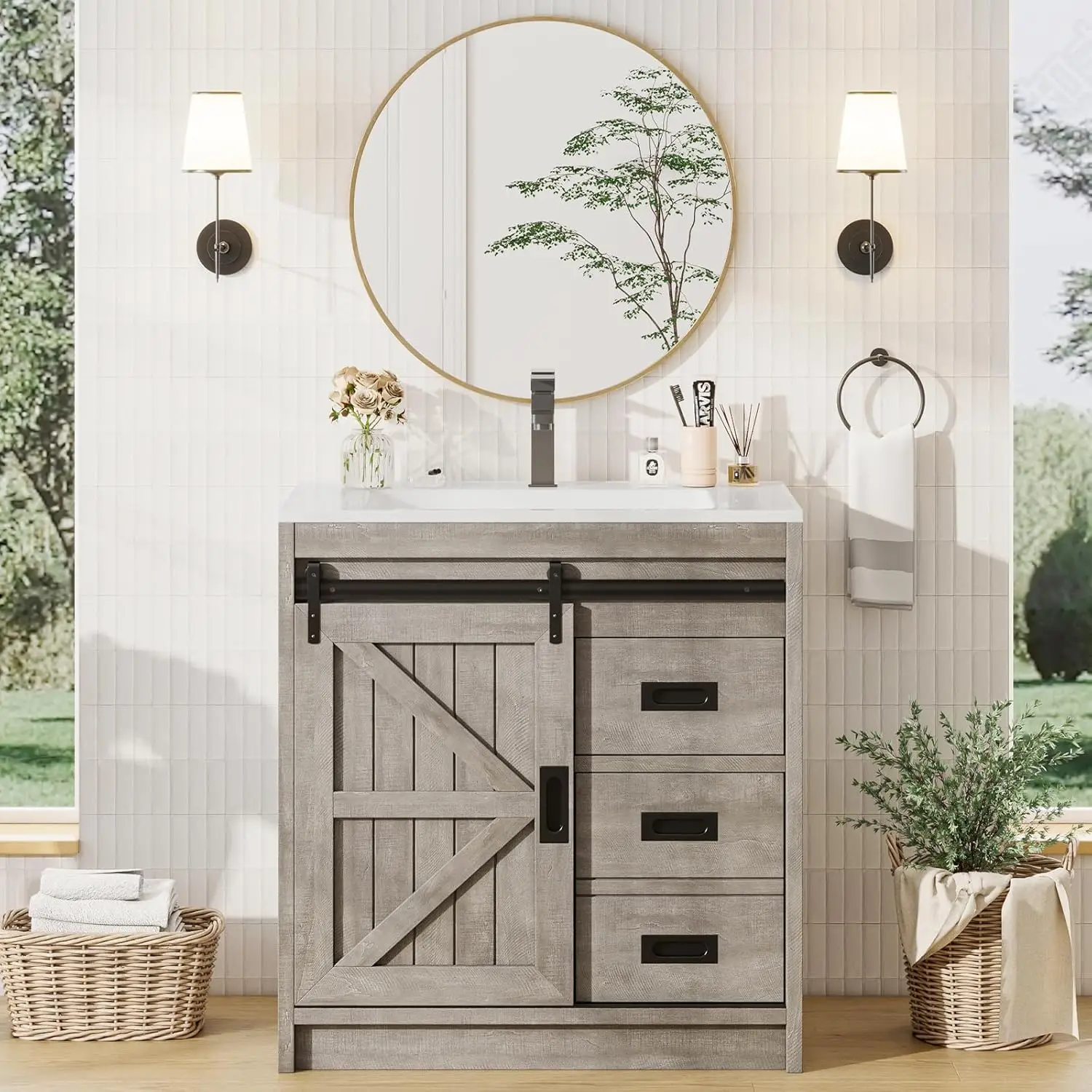 Farmhouse Bathroom Vanity with Sink Combo, 31in Sliding Barn Door Bathroom Vanity Cabinet Set , Small Single Bath , Light Grey