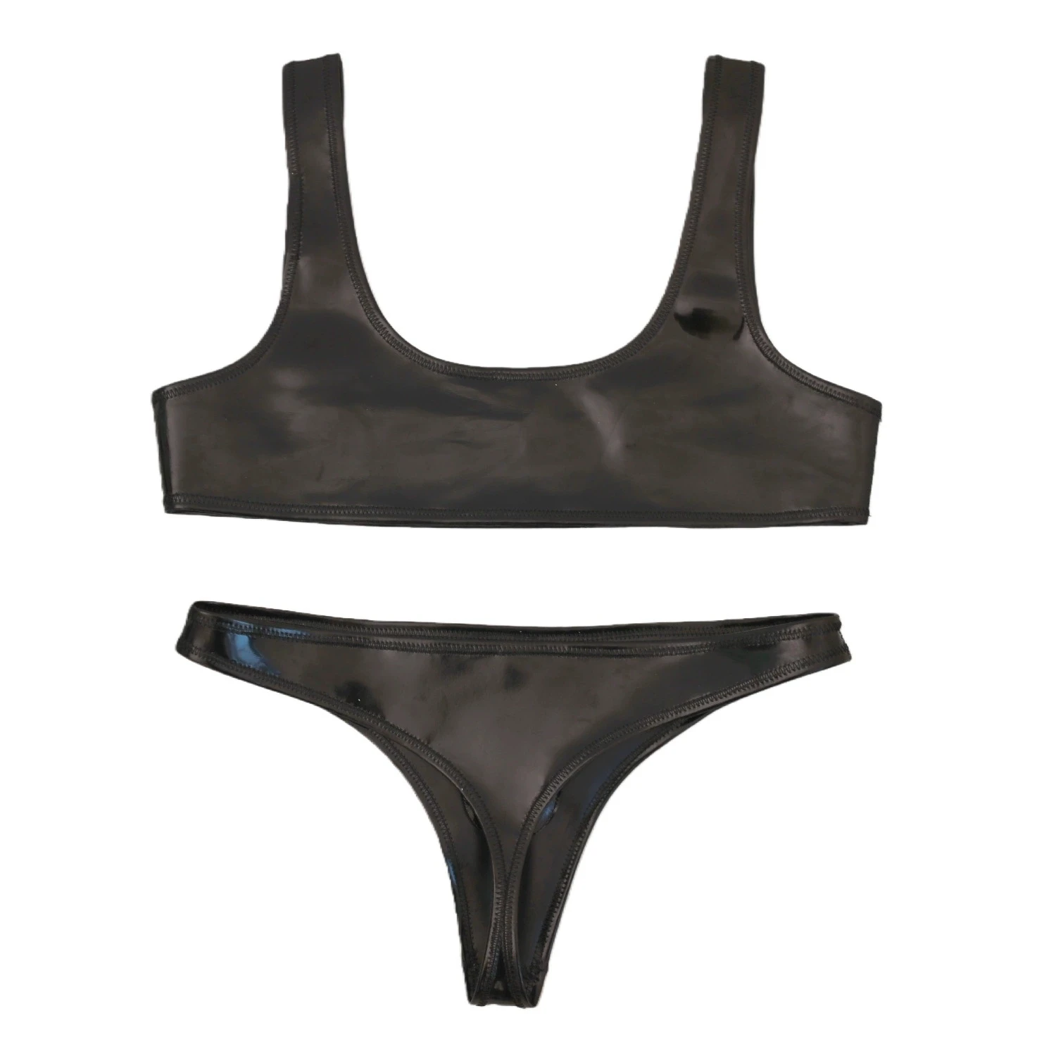 Double Sided PU Leather Wet Look PVC Hollow Out Tank Top Vest Bikini Set S-3XL Sexy G-String Thong Tangas Clubwear Outfit Briefs