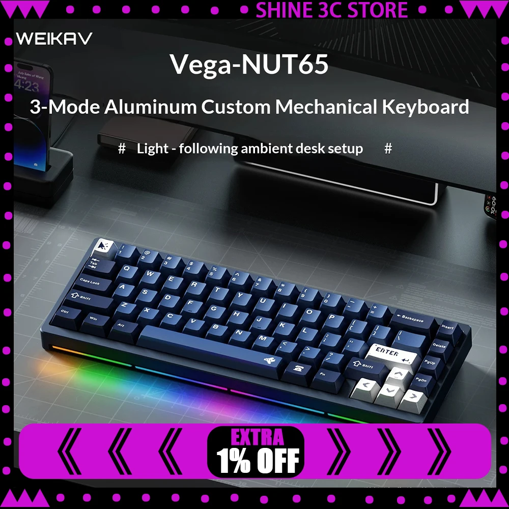 WEIKAV NUT65 65% Tri-Mode Aluminum Mechanical Keyboard Hot-Swappable RGB For Gifts