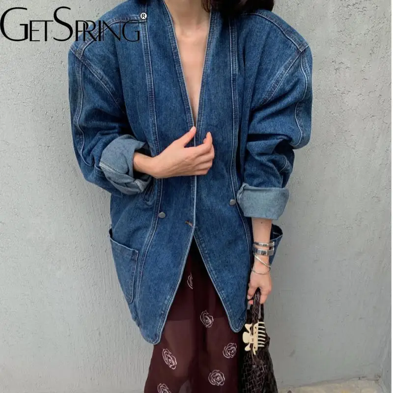 GetSpring Women Denim Jacket 2025 Spring Autumn Retro Double breasted Shoulder Padded V Neck Loose Casual Long Blue Denim Coat