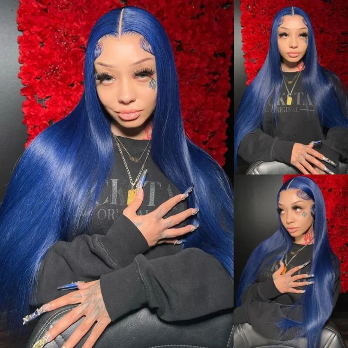 

Dark Blue 13x4 Transparent Lace FrontWig Human Hair Wigs 100% 180% Density Having A Wig Gives You The Courage To Start Over HD