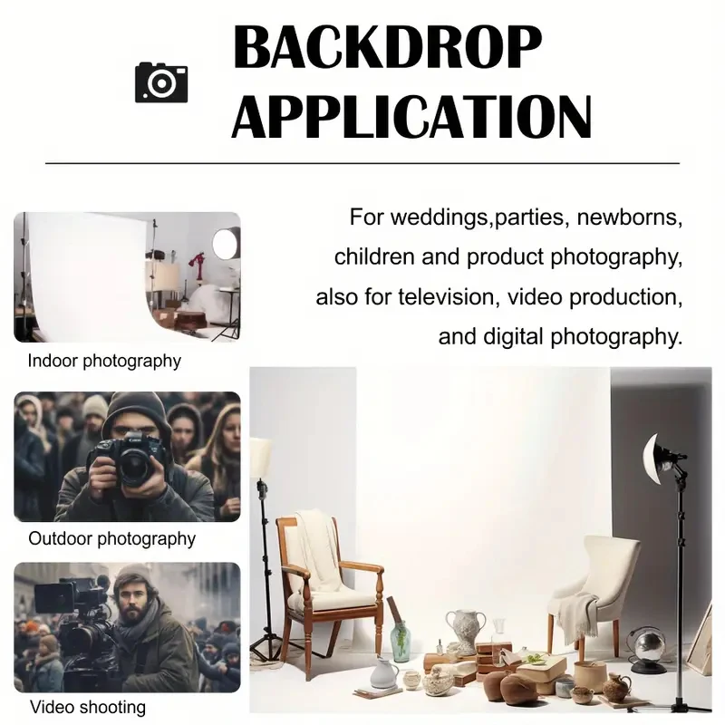 قماش خلفية بيضاء نقية، مناسب للبث المباشر، الاستوديو، إلخ. قابلة للتنظيف وإعادة الاستخدام، قابلة للطي، سهلة الحمل.