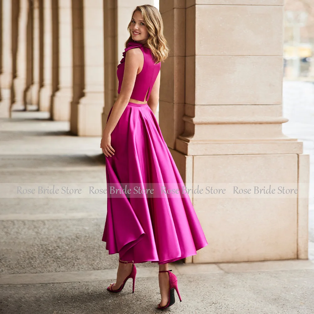 Hot Pink Satin Wedding Cocktail Dresses Midi Crop Top Elegant Women\'s Cocktail Gowns Tea Length A Line Ruffle O Neck Party Dress