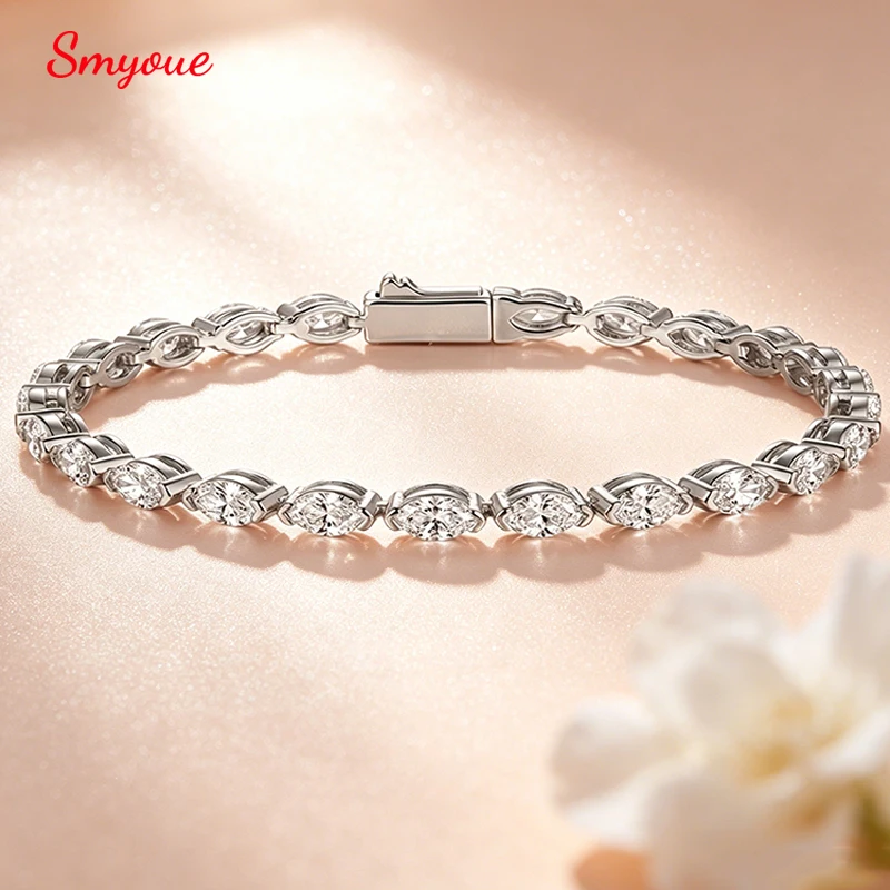 Smyoue 3*6mm Marquise Cut Moissanite Tennis Bracelet Full Diamond Bangle for Women Hip Hop 925 Sterling Silver Jewelry Wedding