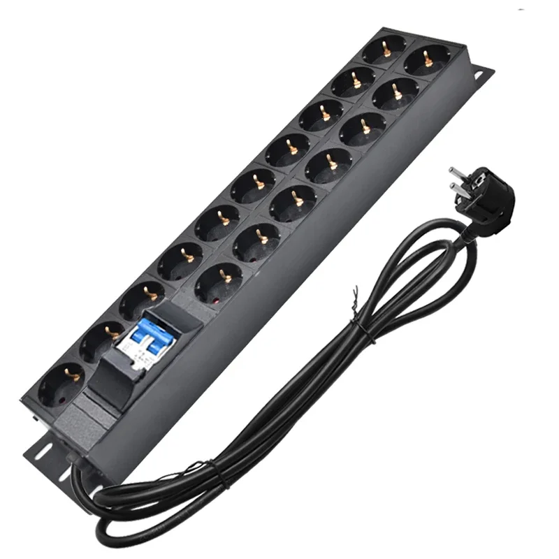 Cabinet Mount PDU power strip distribution unit 17 Way EU Outlet Socket Break Switch 2meter iec C14 EU Plug Aluminum alloy shell