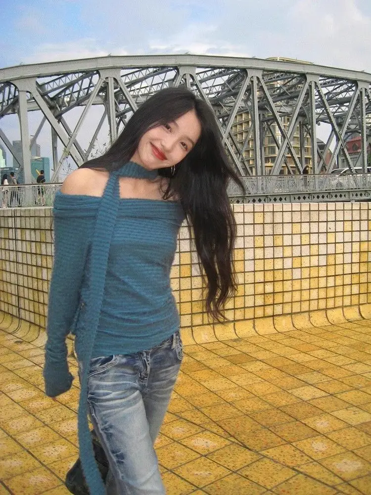 

Onalippa 2025 Y2K Millennium Hot Girl Style Вязаный топ с одним вырезом и открытыми плечами в субкультурном стиле для похудения Нижний внутренний топ