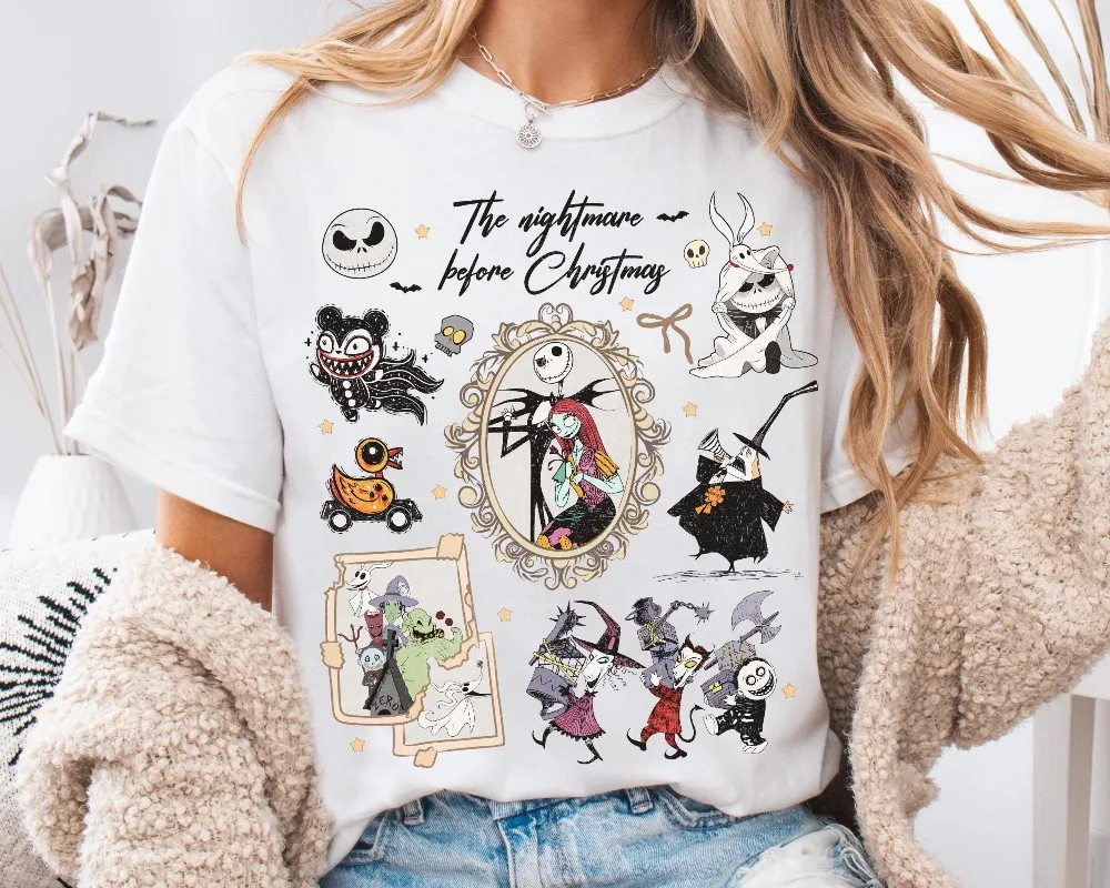 قميص Coquette Bow Nightmare Before Christmas Jack Skellington & Sally Halloween Tee Oogie Boogie Bash
