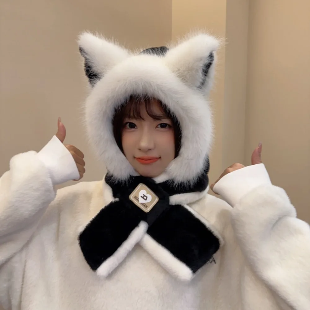 

New Thickened Plush Hat Scarf Set Cute Little Fox Thickened Ear Protection Cap Winter Warm Integrated Cap Scarf Outdoor