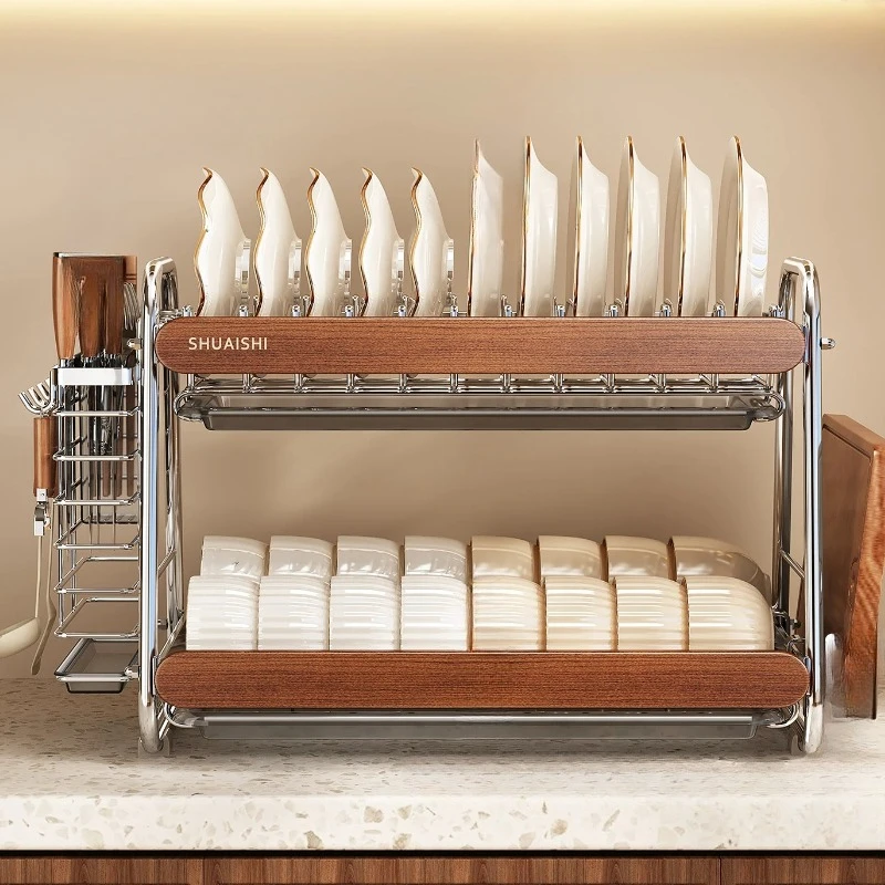 Stainless Steel over Sink Dish Rack Space Saving Countertop Organizer Multi-functional Tableware Holder with Drainage Tray