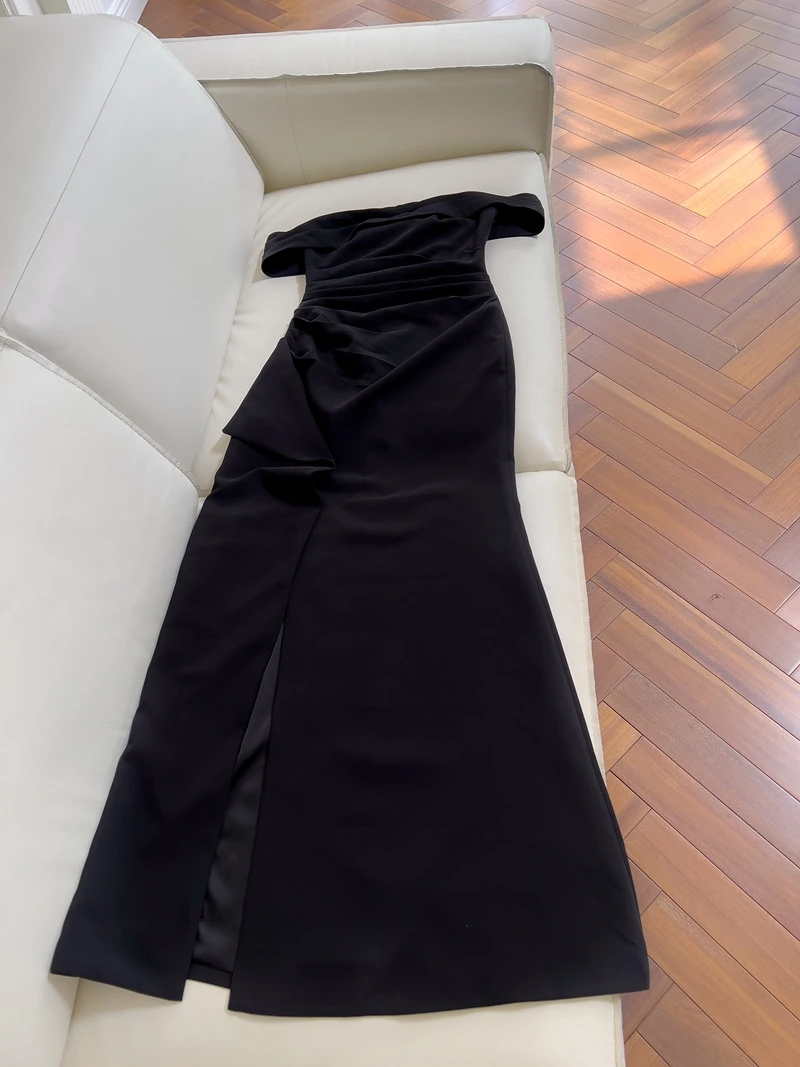 

Retro Ele Bla Evening Dr Design Sense Pleated Split oulder Slimming Women's Dr Faion High Waist A-Line Skirt