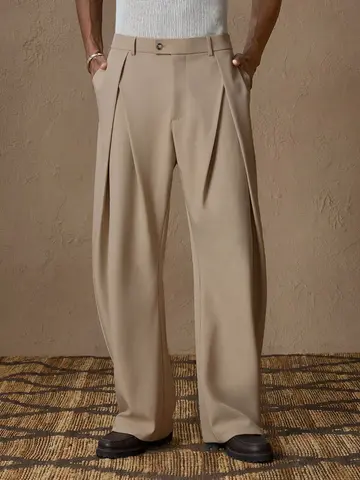 New light business elegant Italian style Naples solid color button pleated high waisted pants for men's suit pants