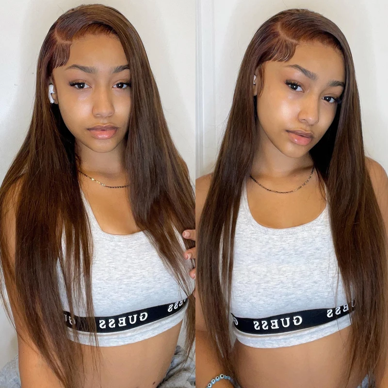 

32 Inch Bone Straight Chocolate Brown Human Hair Wig 13x6 13x4 Lace Front Wig #4 Straight Lace Frontal 100% Human Hair Wigs 180%