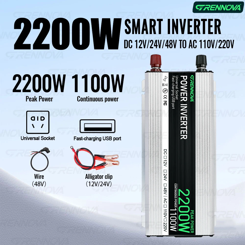 Smart Power Inverter with USB & Universal Socket 12/24/48V To 220V 110V | 2200W Peak 1100W Continuous for Car Small Appliances