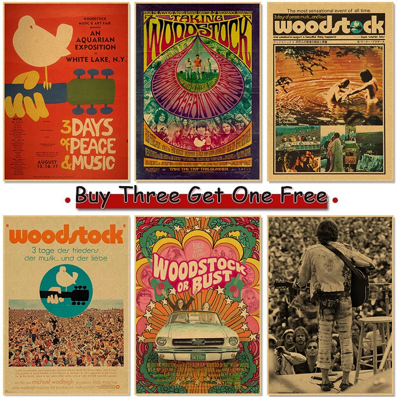 1969s Woodstock Rock Festival Wallpaper Wall Art Heavy Metal Music Poster Vintage Kraft Paper Painting Wall Sticker Home Decor