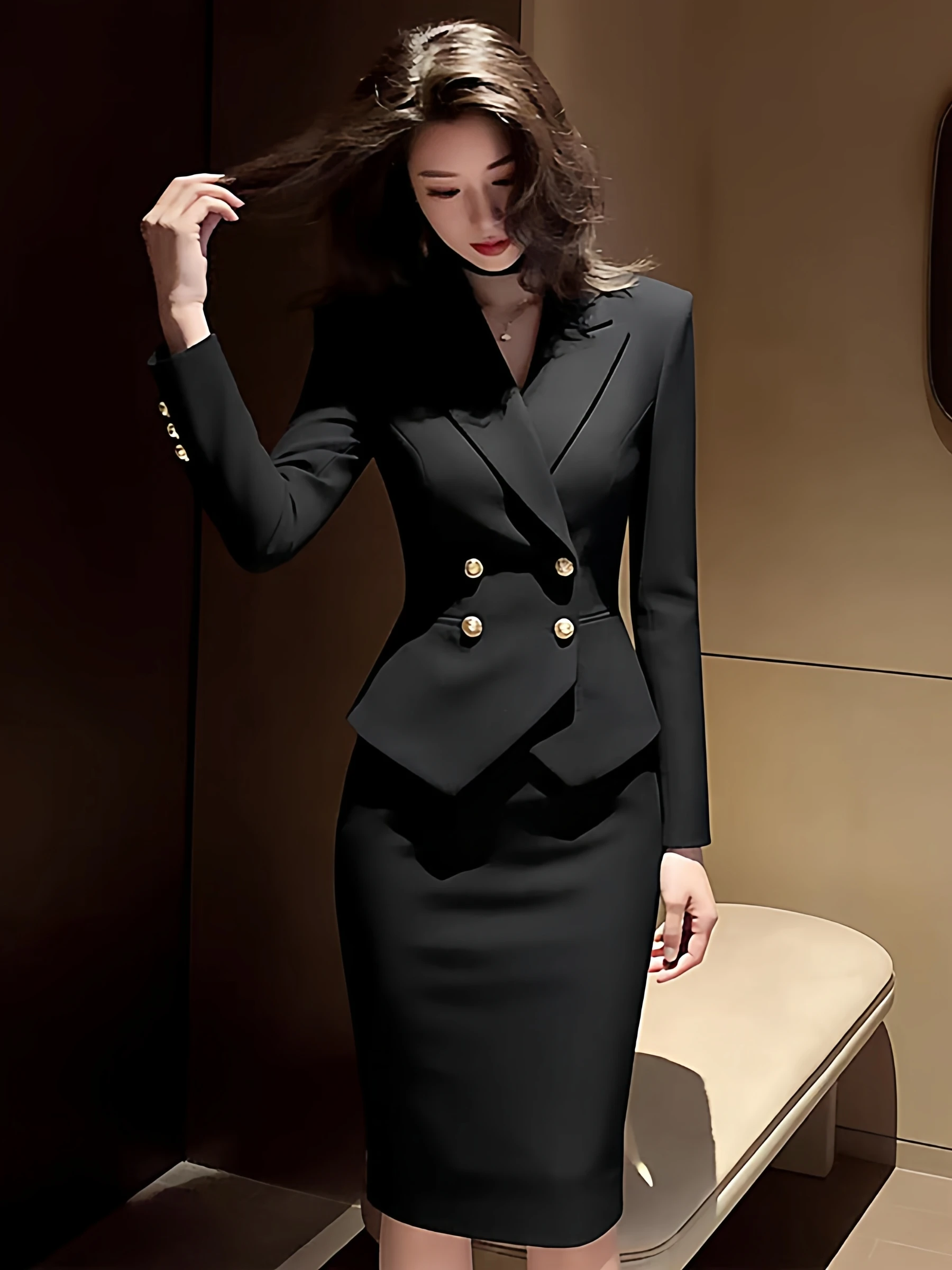 Slim Fit Double Breasted Suit Jacket And High Waist  Skirt Set for Women Fashionable Commute Workwear Black Color