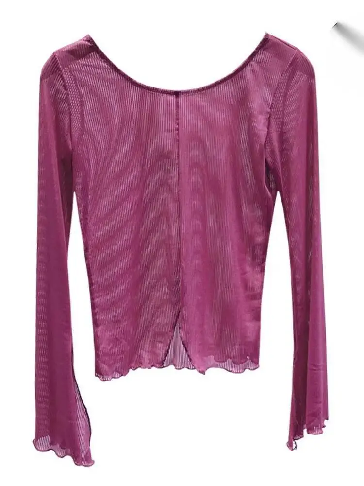 Blusa de malha com gola redonda de cor sólida com mangas sino e fendas laterais, roupa de dança de manga comprida respirável para performance