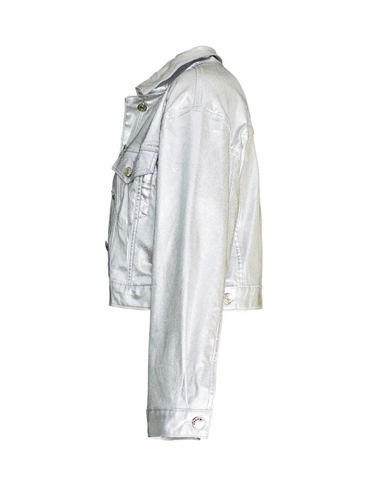 سترة فضية من الجلد الصناعي للنساء معطف لسائقي الدراجات النارية بصدر واحد قصير من جلد البولي يوريثان موضة الربيع والخريف 2025 #2