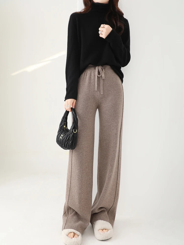 

Autumn Winter Thickened Wide Leg Pants For Women 100% Merino Wool Warm Soft Cosy Cashmere Knitwear 2024 Fashion Side Double Line