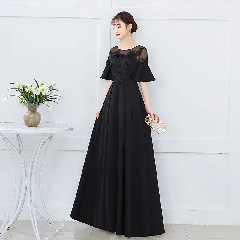 Black A-line Evening Dress Women O-Neck Short Sleeve Prom Gown Elegant Wedding Party Dresses Fishtail Slim Fit Formal Dress
