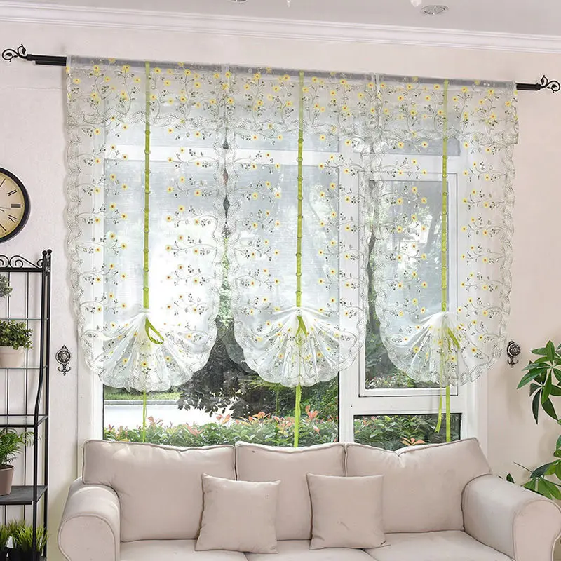 

Curtains Pastoral Style Transparent Pull Curtains Embroidered Tulle Bay Window Garden Stick Curtain Gauze Lace Voile Curtain