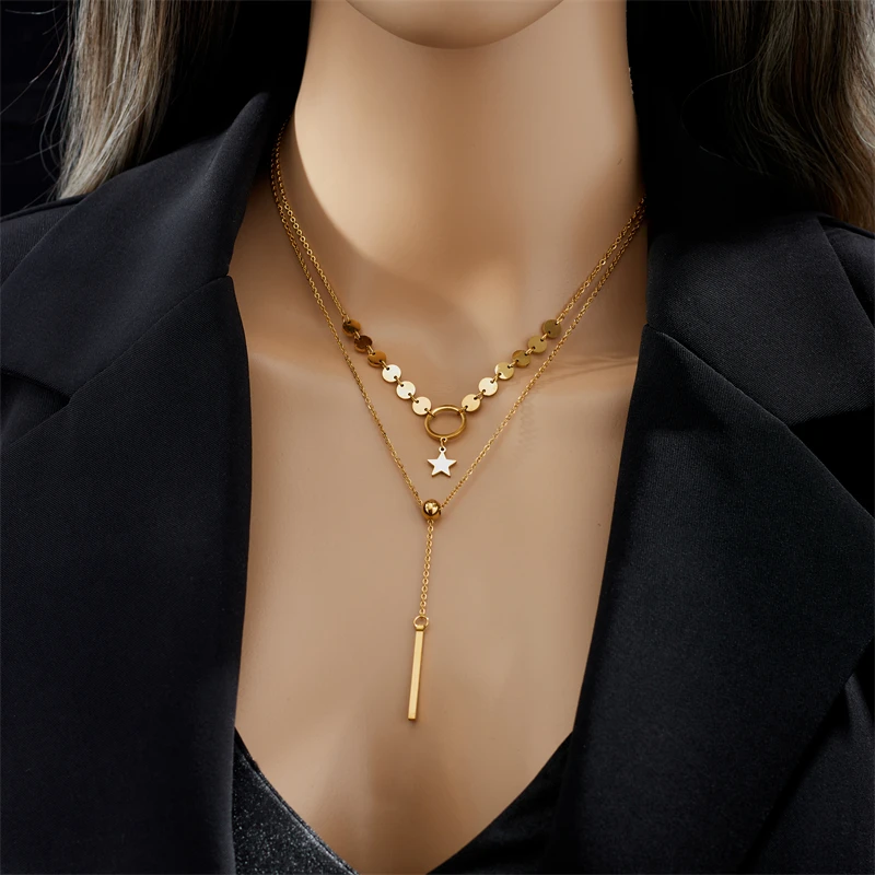 XIYANIKE 316L Stainless Steel Necklace Ball Star Pendant Double Chain Accessories for Women Simple Birthday Jewelry Gift Collier