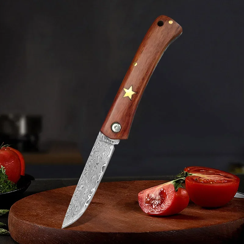 Folding Knife Damascus Steel Hand Forge Wood Handle Utility Kitchen Knives Slicing Meat Paring Fruit Boning Knife Folding Knives