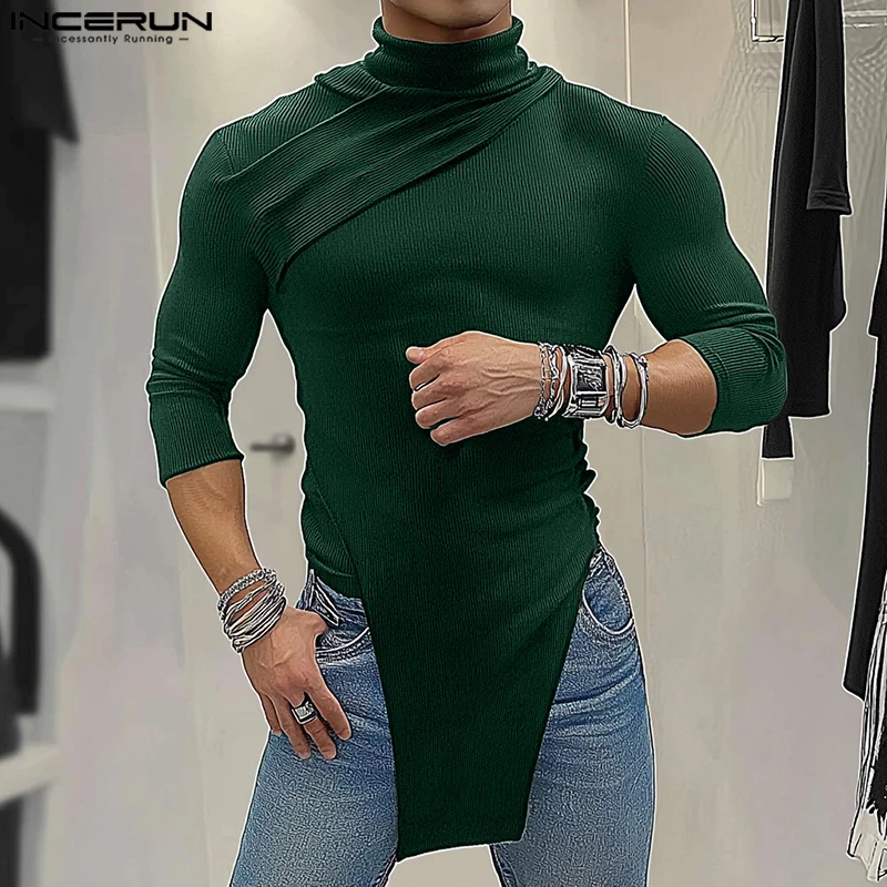 Fashion Casual Style Tops INCERUN New Men's Semi High Neck Striped T-shirts Male Sexy Solid Irregular Hem Long Sleeved Camiseta