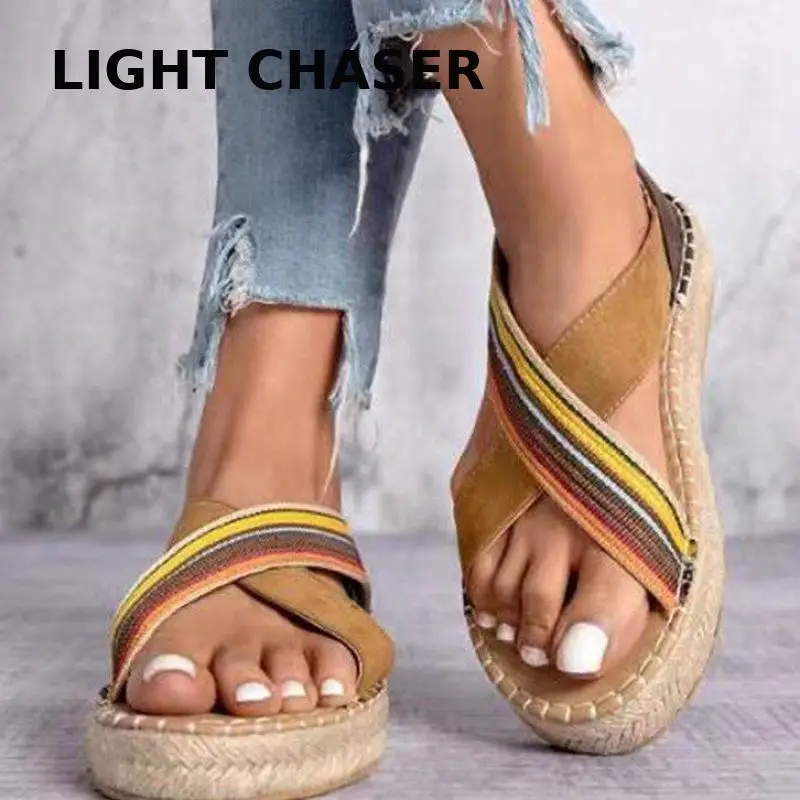 2022 New Fashion Hick Bottom Open Toe Sandals And Slippers Women's Rattan Bottom Straw Woven Sandals Casual Flat Beach Shoes 42