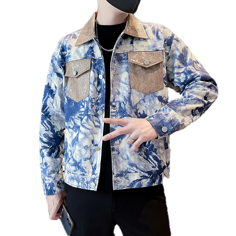 Korean Autumn Tie Dye Spliced Men's Jackets Fashion Handsome Casual Workwear Jacket Social Streetwear Windbreaker Coat